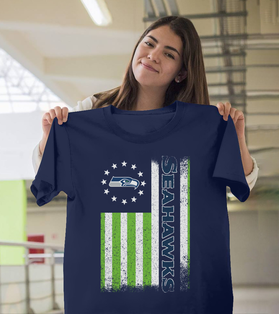 Seattle Seahawks American Flag Green Stripes 12 Stars T-Shirt
