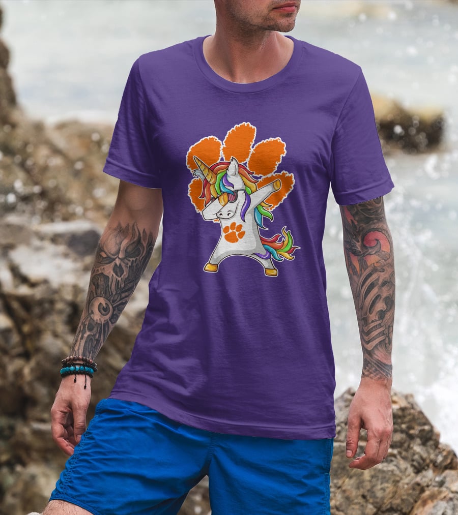 Clemson Tigers Dabbing Unicorn Paw Print Rainbow Mane T-Shirt