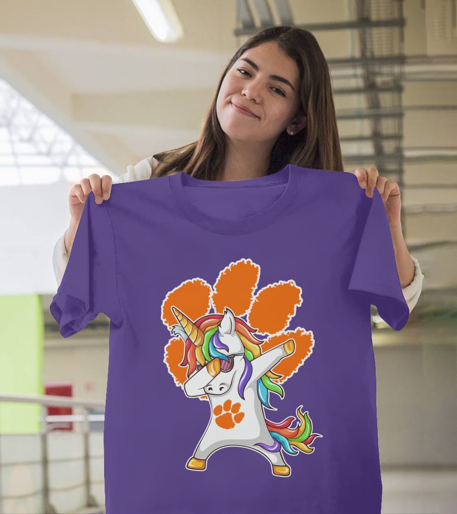 Clemson Tigers Dabbing Unicorn Paw Print Rainbow Mane T-Shirt