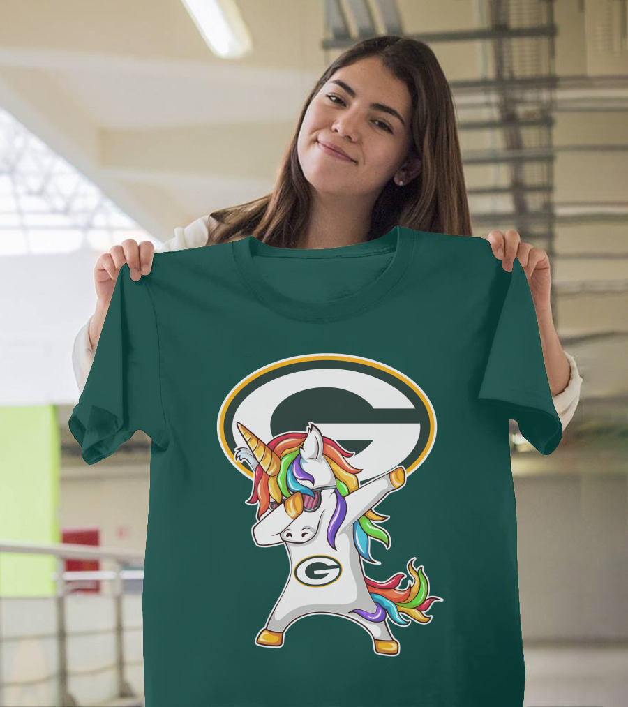 Green Bay Packers Dabbing Unicorn with Team Logo and Rainbow Mane T-Shirt