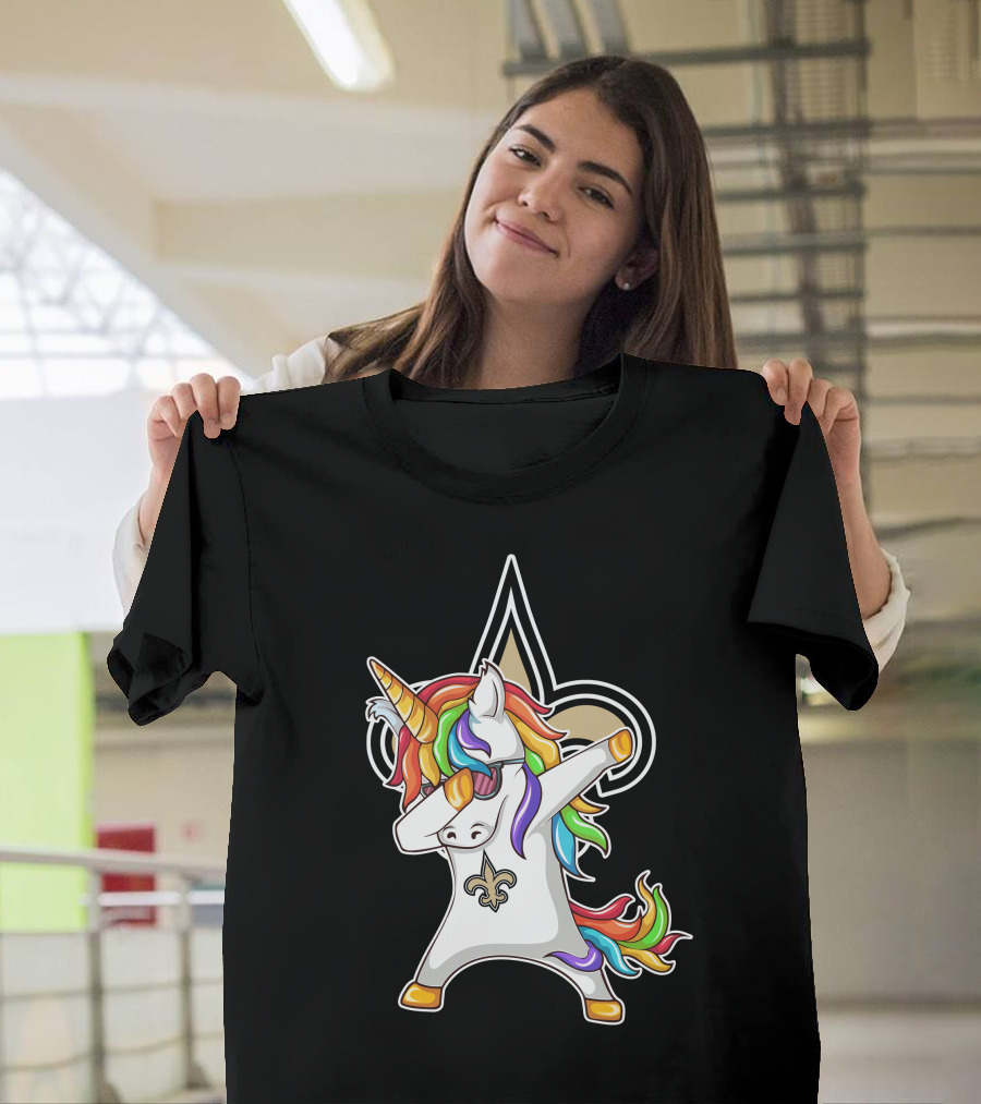 New Orleans Saints Unicorn Dabbing Fleur-de-Lis Rainbow Mane T-Shirt
