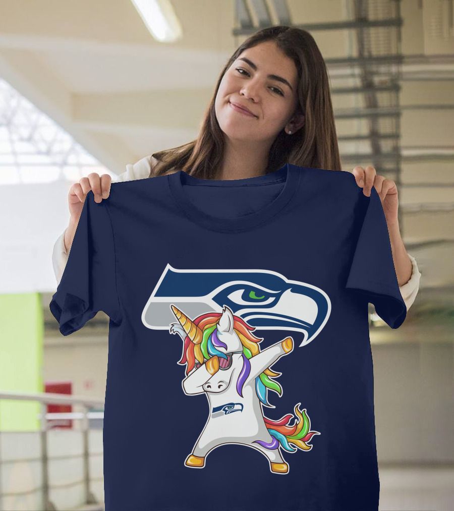 Seattle Seahawks Unicorn Dabbing Rainbow Hair T-Shirt