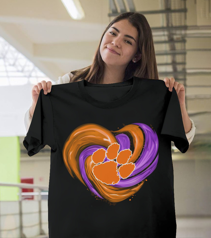 Clemson Tigers Paw Print Tornado Heart T-Shirt