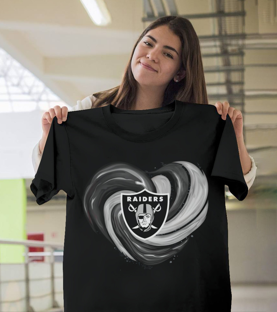 Las Vegas Raiders Heart Design with Logo in Black and White Swirl T-Shirt
