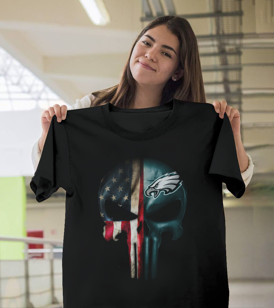 American Flag Punisher Skull With Philadelphia Eagles T-Shirt