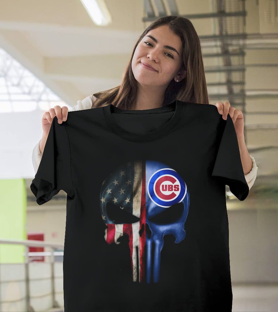 Chicago Cubs Punisher Skull American Flag T-Shirt