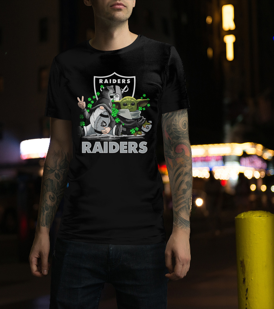 Leprechauns Gnomes Baby Yoda Hug Raiders Football Peace Shamrocks T-Shirt
