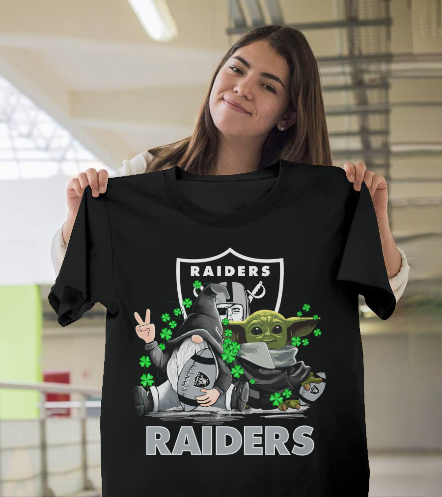 Leprechauns Gnomes Baby Yoda Hug Raiders Football Peace Shamrocks T-Shirt