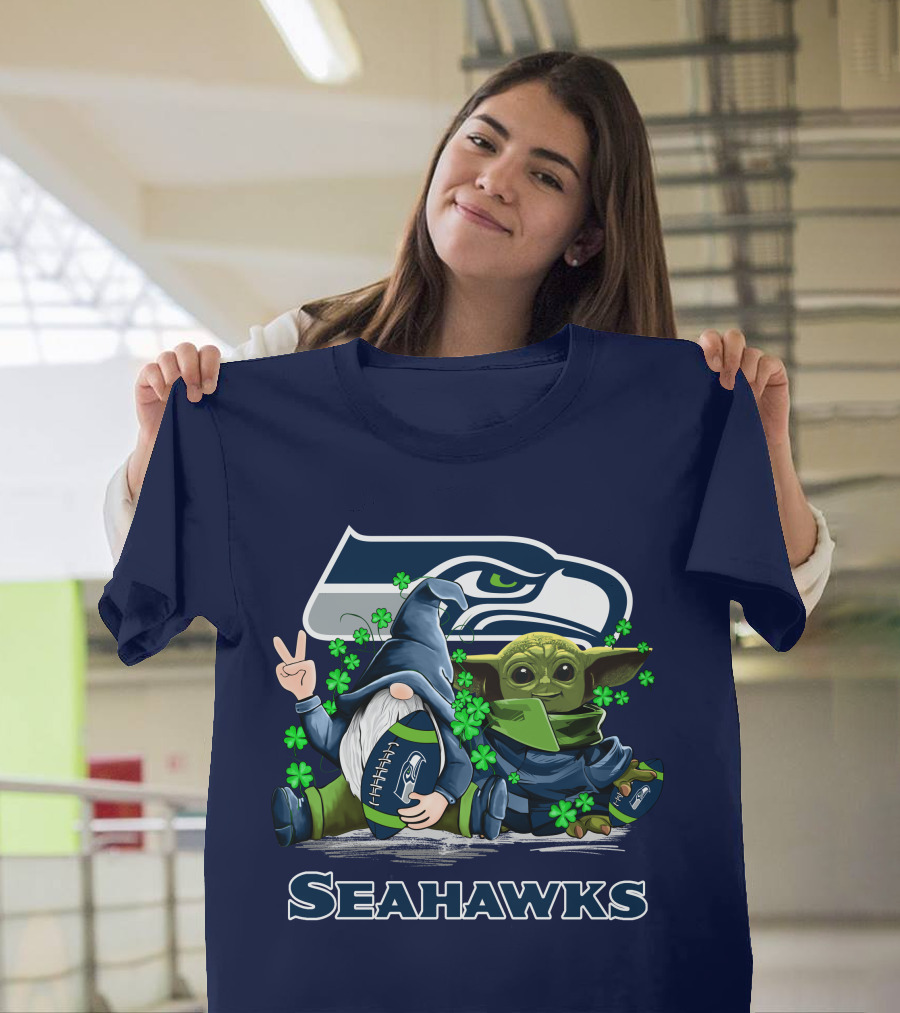 Leprechauns Gnomes Baby Yoda Seattle Seahawks Hug Football T-Shirt