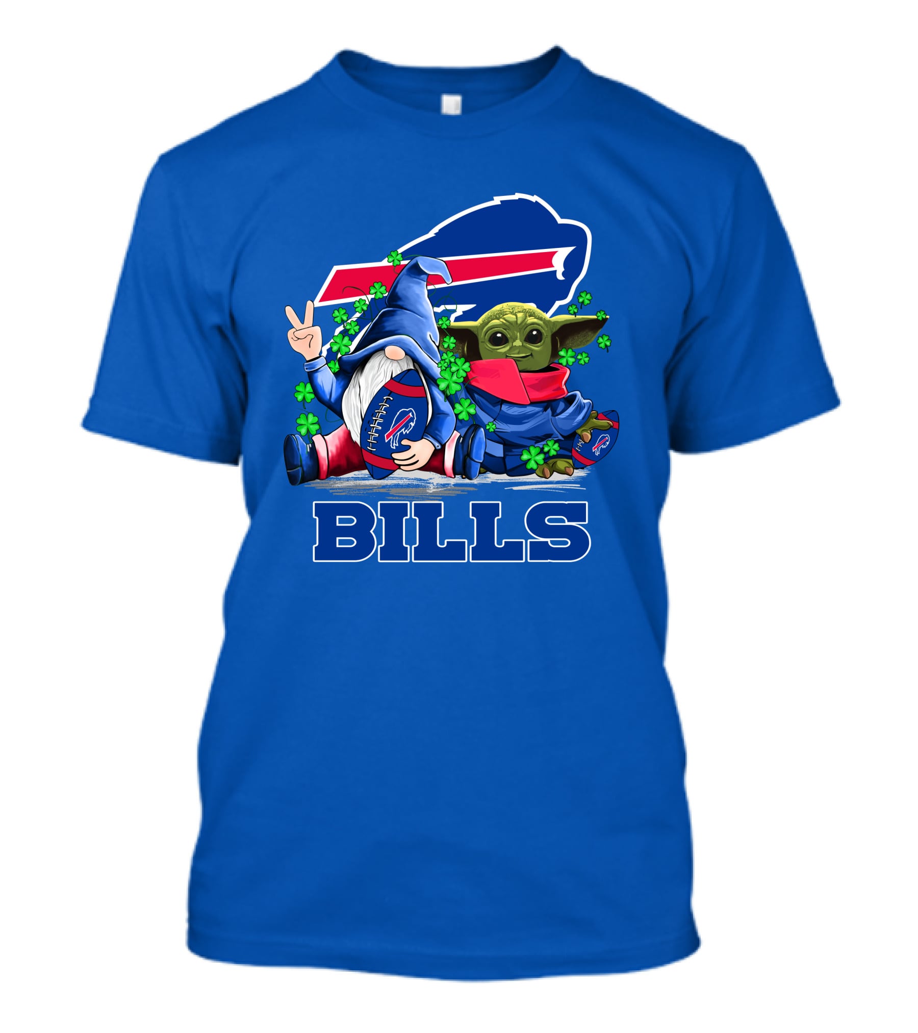 Leprechauns Gnomes Baby Yoda Hug Buffalo Bills Football Team Logo Shamrocks T-Shirt