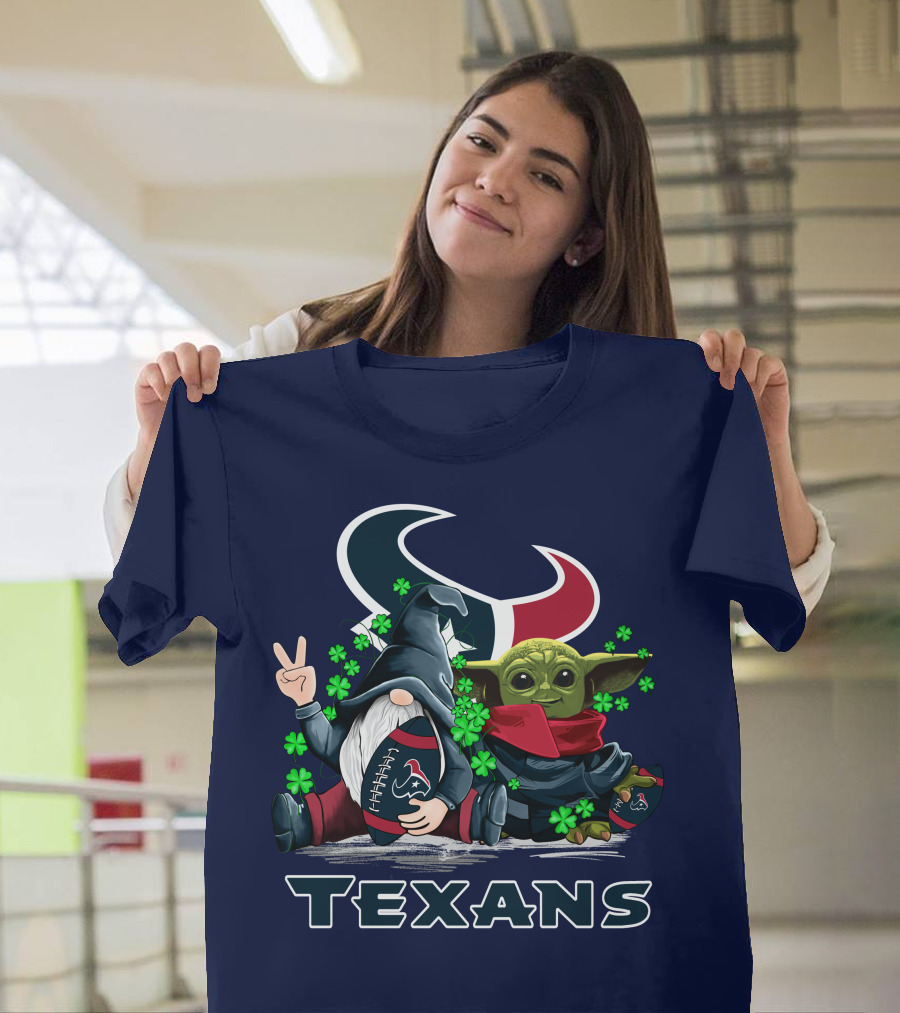 Leprechauns Gnomes Baby Yoda Houston Texans Football Clover T-Shirt