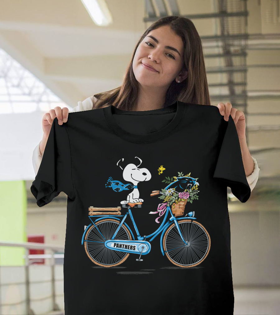 Panthers Snoopy on Bicycle with Flowers and Woodstock T-Shirt
