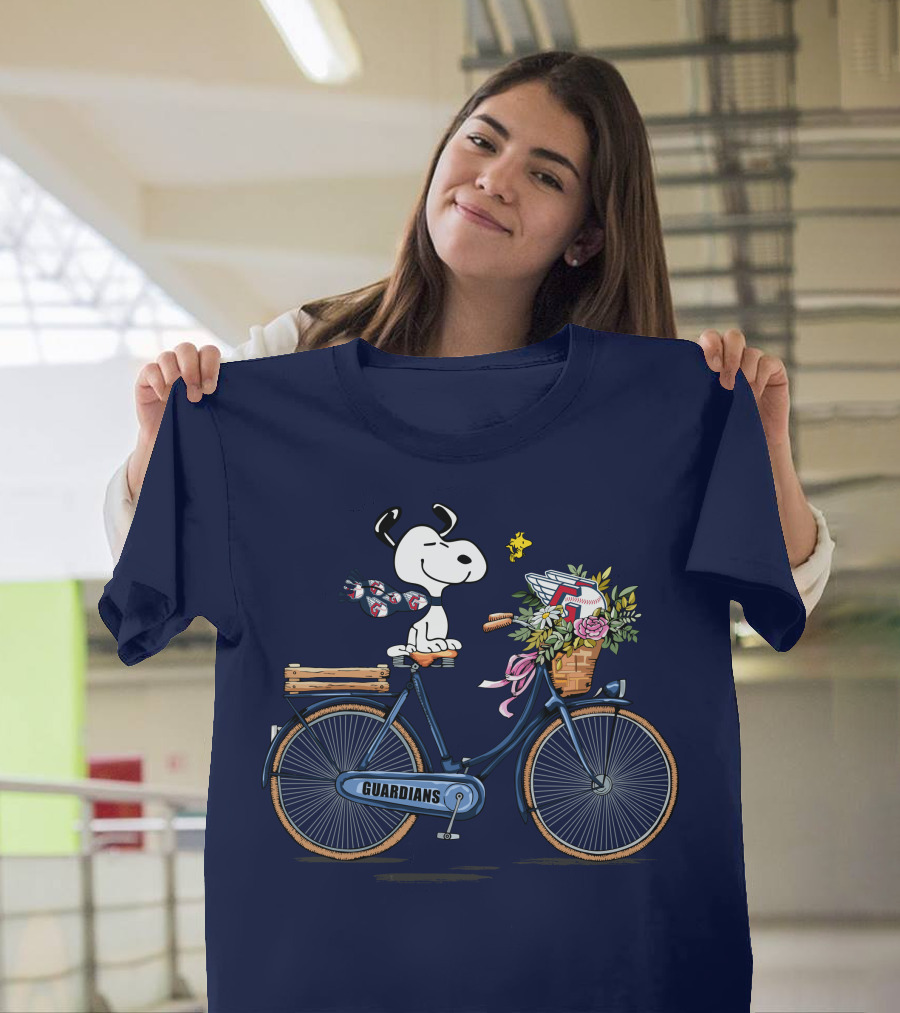 Cleveland Guardians Snoopy Riding Bicycle with Flowers and Baseball Bow Tie T-Shirt