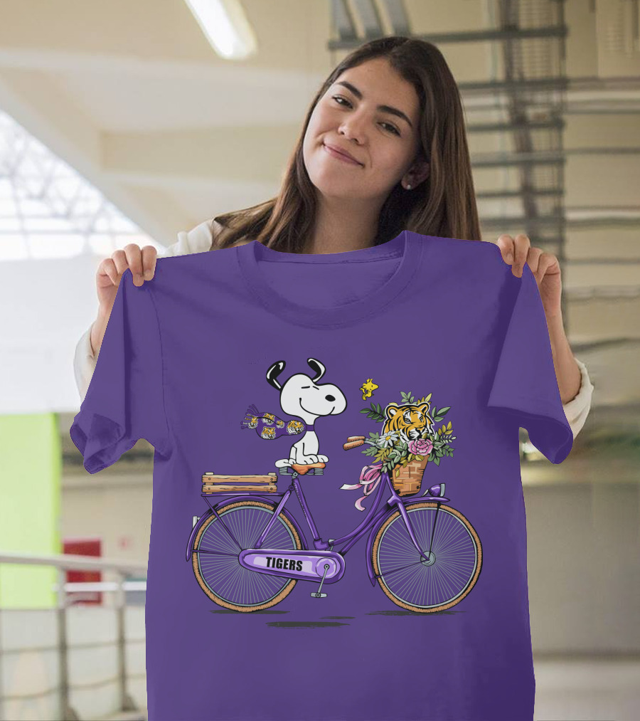 Snoopy Riding Purple Bicycle with LSU Tigers Bouquet T-Shirt