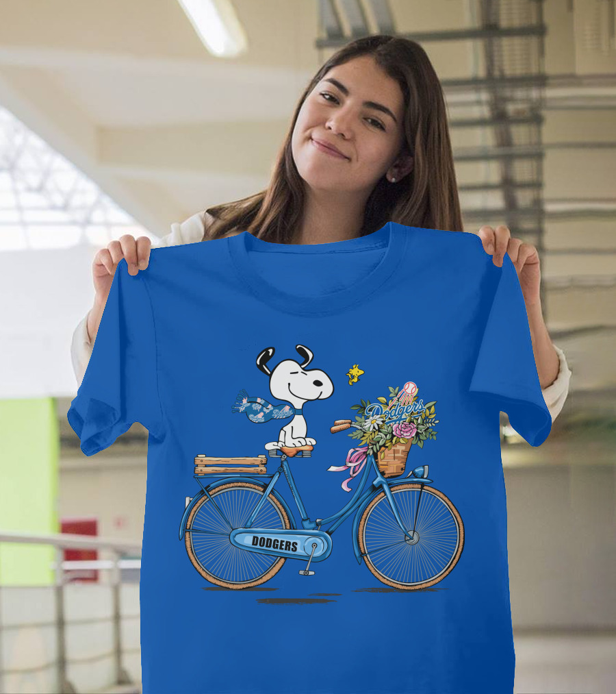 Los Angeles Dodgers Snoopy Riding Bicycle With Woodstock And Flowers T-Shirt