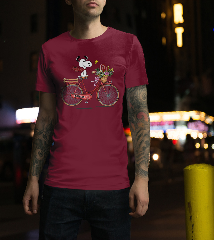 Oklahoma Sooners Snoopy Bicycle Flowers Woodstock T-Shirt
