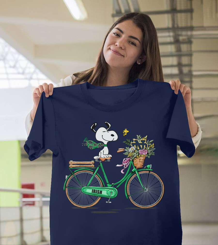 Notre Dame Fighting Irish Snoopy On Bicycle With Flowers And Woodstock T-Shirt