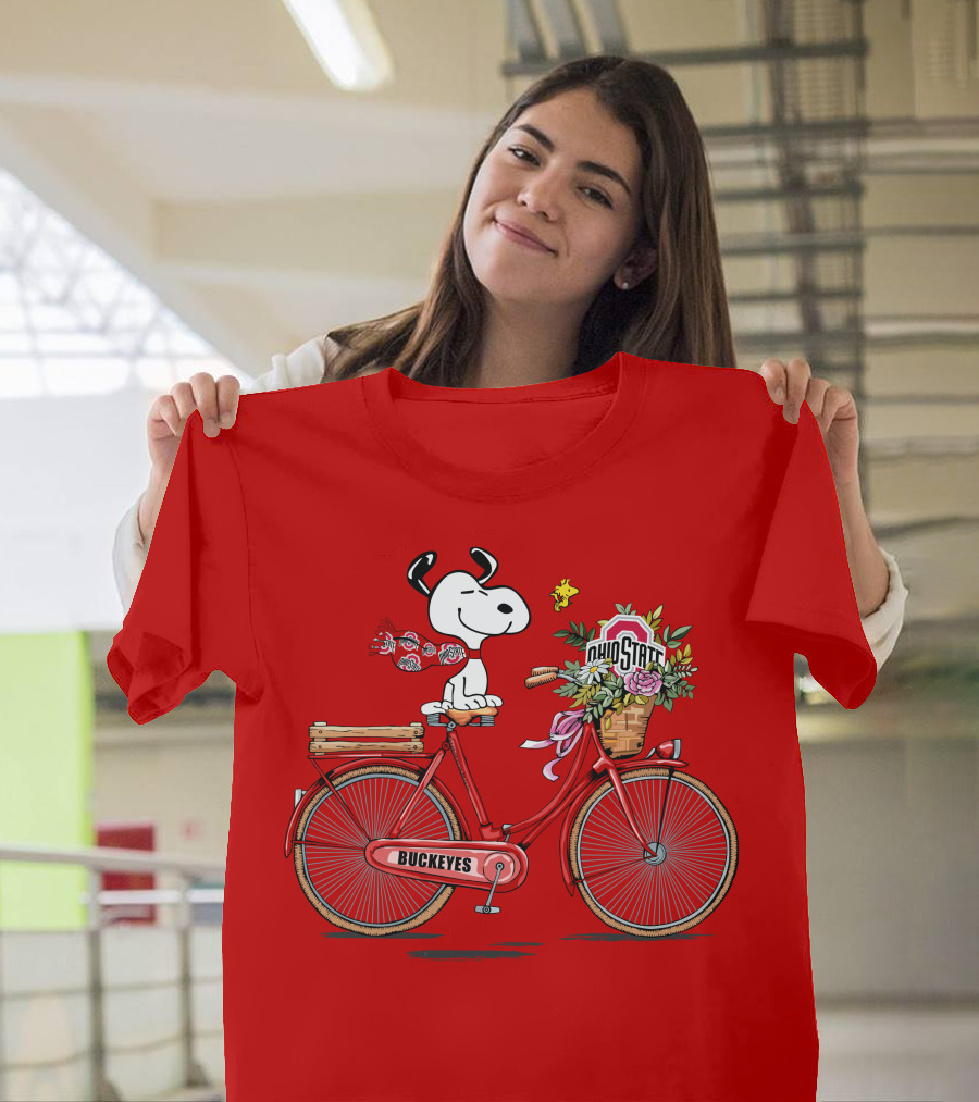 Ohio State Buckeyes Snoopy On Bicycle With Woodstock And Flowers T-Shirt