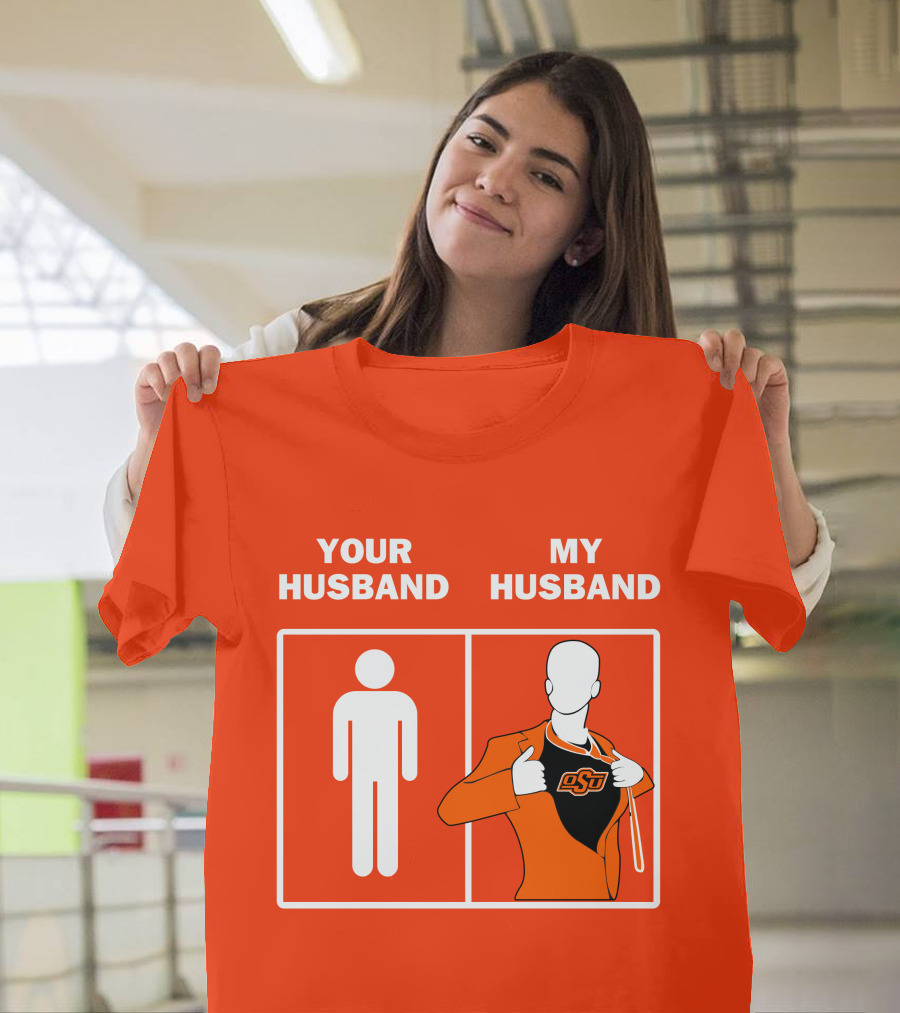 Oklahoma State Cowboys Your Husband My Husband OSU Logo Superhero Orange Suit T-Shirt