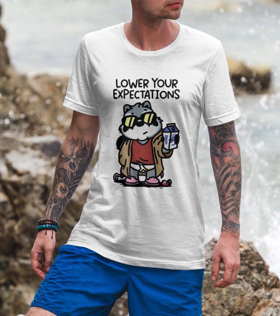Lower Your Expectations Cartoon Character With Sunglasses And Milk Carton T-Shirt