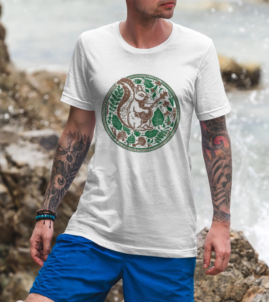 Squirrel Playing Banjo Nature Acorns Leaves Mushrooms T-Shirt