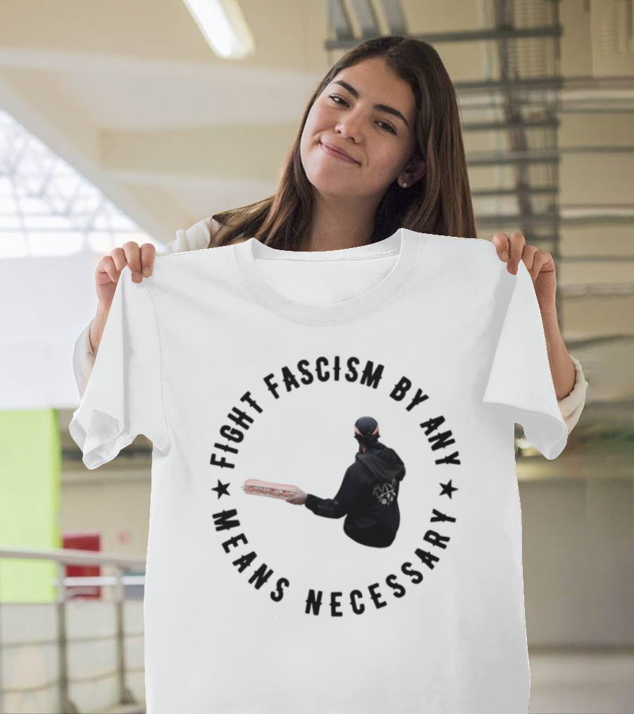 Fight Fascism By Any Means Necessary Red Bat Masked Figure T-Shirt