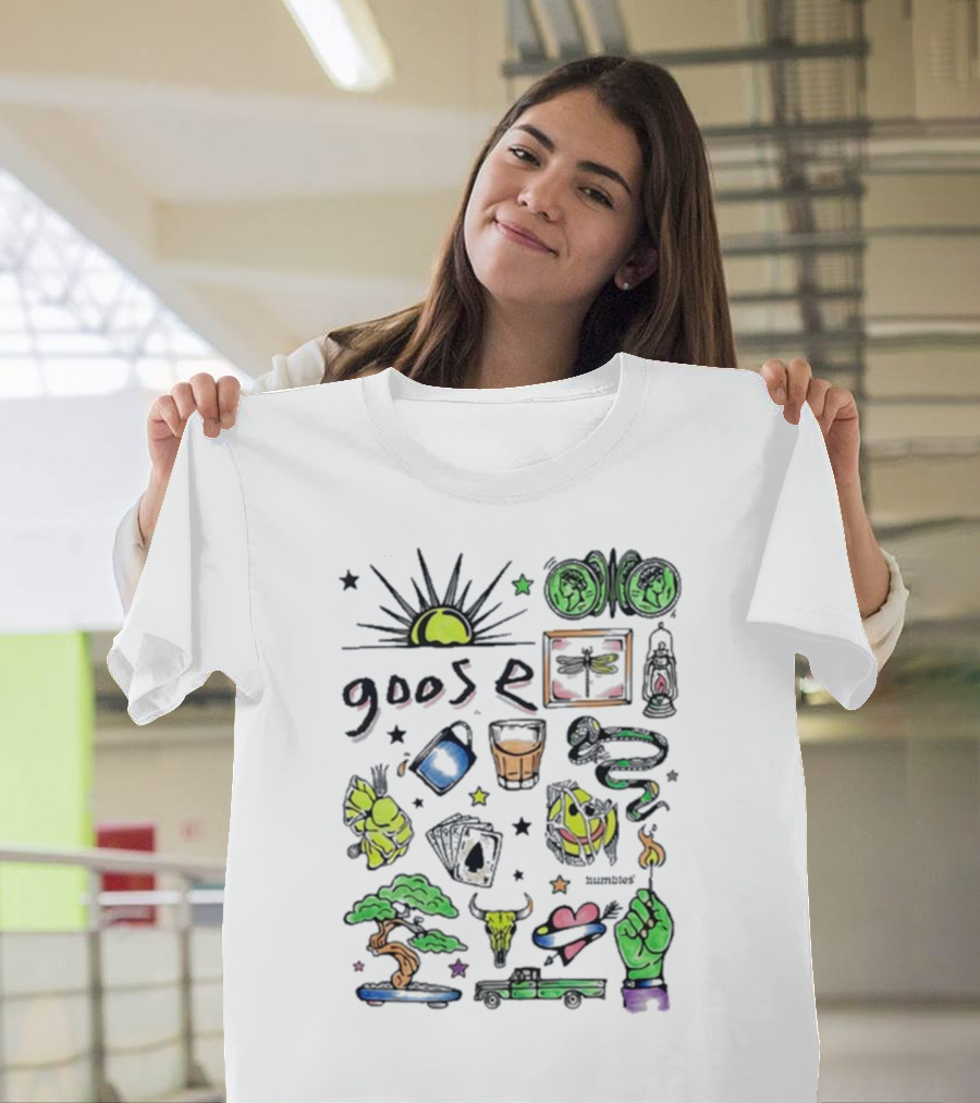 Goose Highlighter Hand Colored Sun Lock Tree Heart Candle Imagery T-Shirt