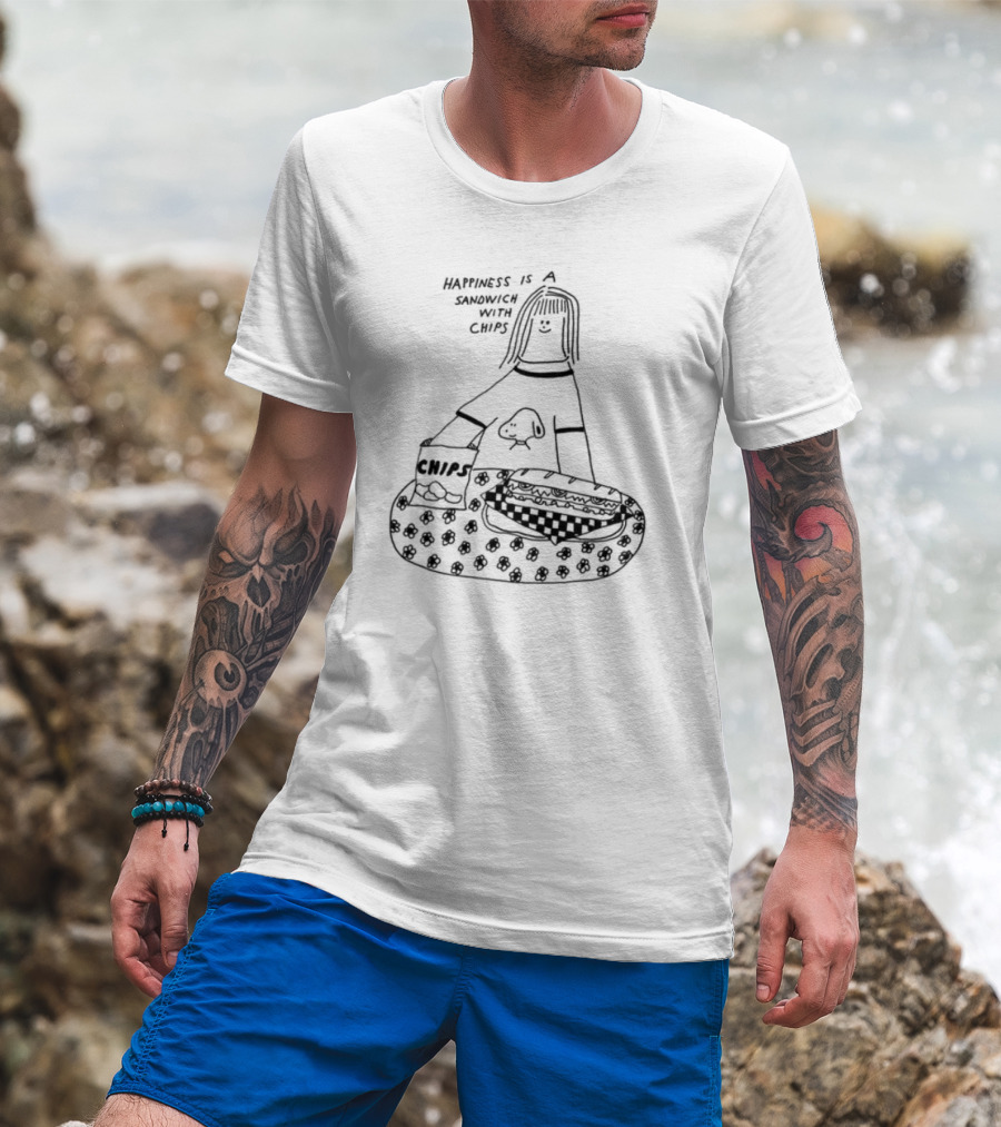 Happiness Is A Sandwich With Chips Fun Skull Character T-Shirt