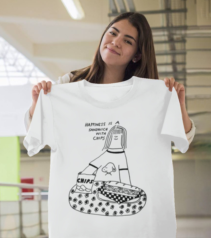 Happiness Is A Sandwich With Chips Fun Skull Character T-Shirt