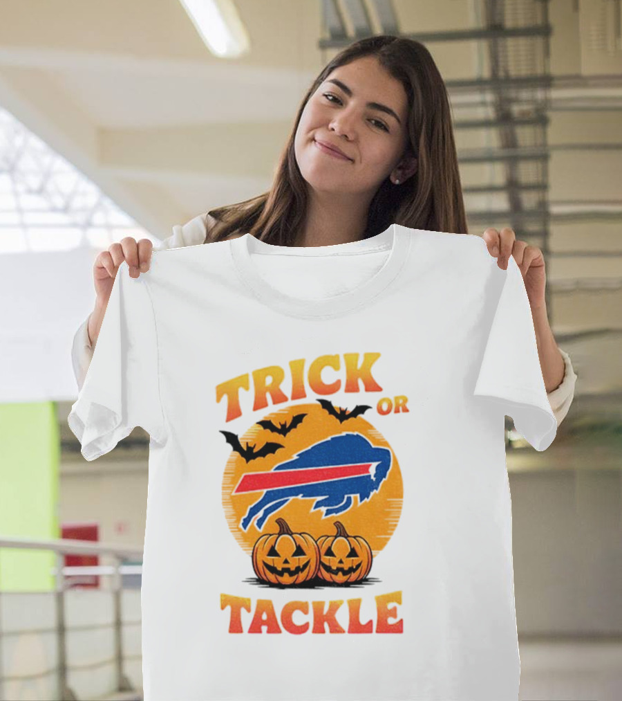 Buffalo Bills Trick Or Tackle Halloween Pumpkins And Bats T-Shirt