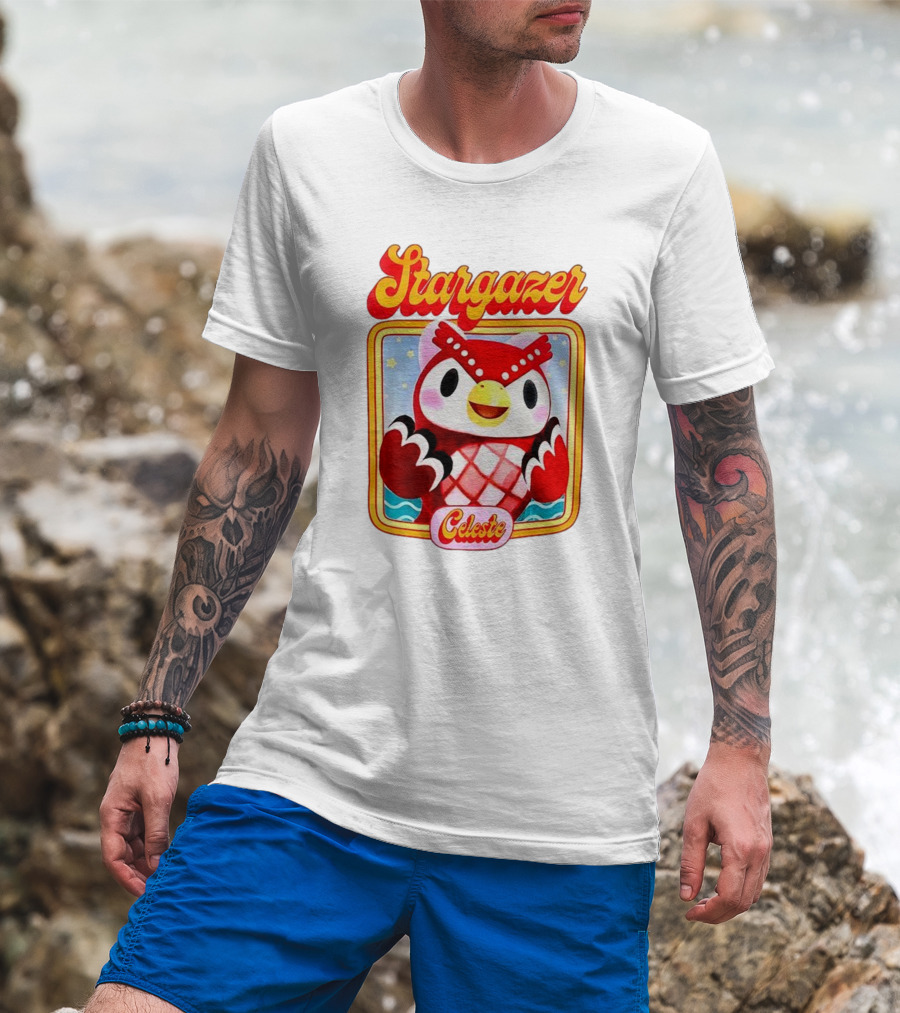 Stargazer Celeste Owl Character With Stars And Ocean Scene T-Shirt