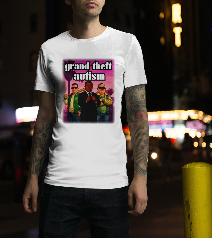 Grand Theft Autism Characters In Iconic Urban Setting T-Shirt