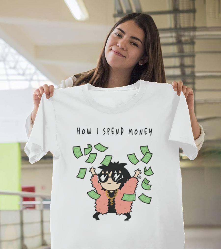 Sarah Andersen How I Spend Money Comic Character Pink Coat Dollar Bills Falling T-Shirt