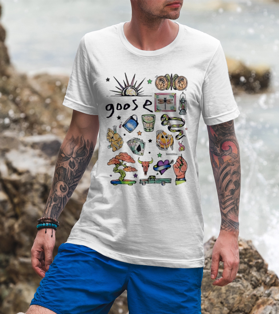 Goose Psychedelic Sunrise And Nature Symbols With Playing Cards Art T-Shirt