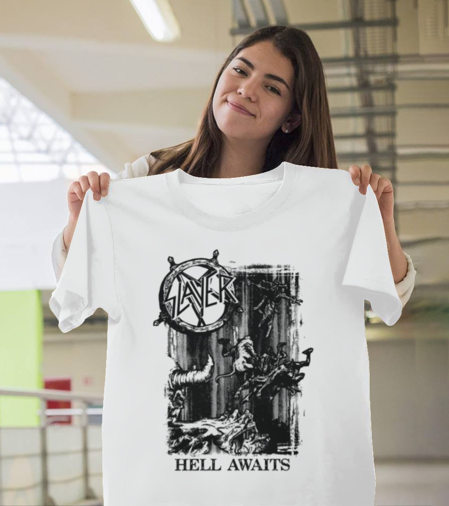 Monochrome Slayer Hell Awaits Acid Iconic Band Art T-Shirt