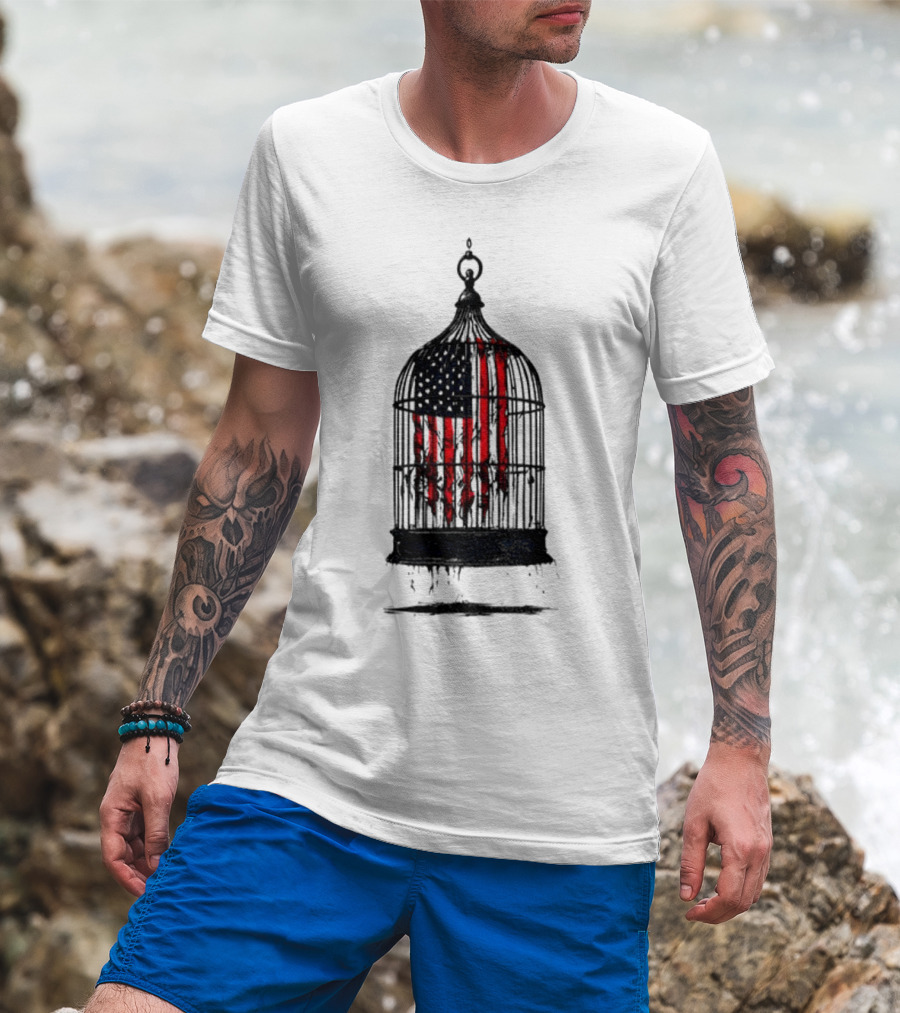 Caged Liberty American Flag Birdcage Government Shutdown T-Shirt