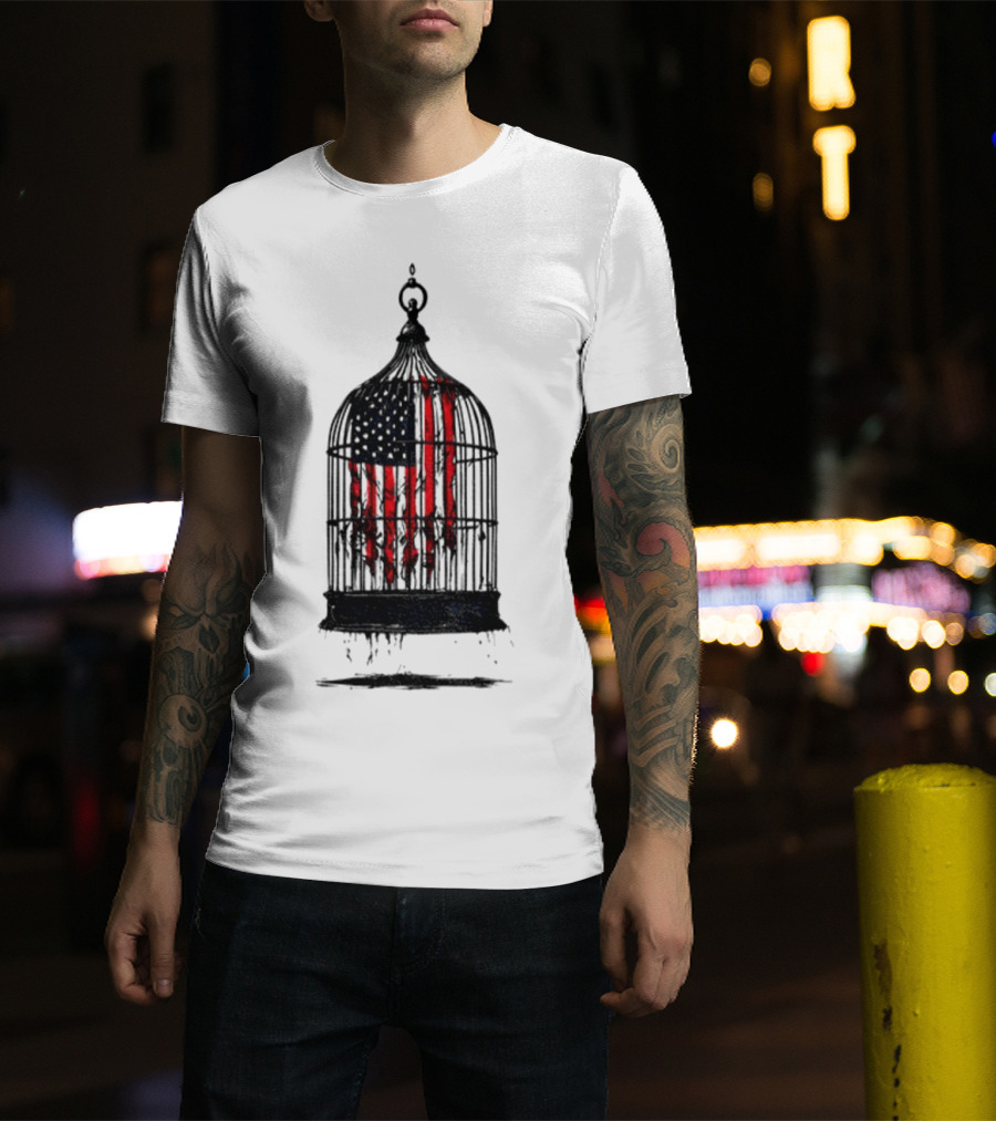 Caged Liberty American Flag Birdcage Government Shutdown T-Shirt