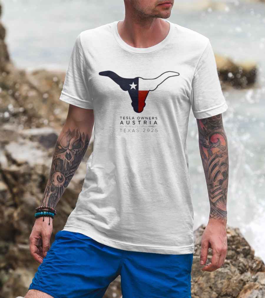 Tesla Owners Austria Texas 2025 Tour Longhorn Star Outline Logo T-Shirt