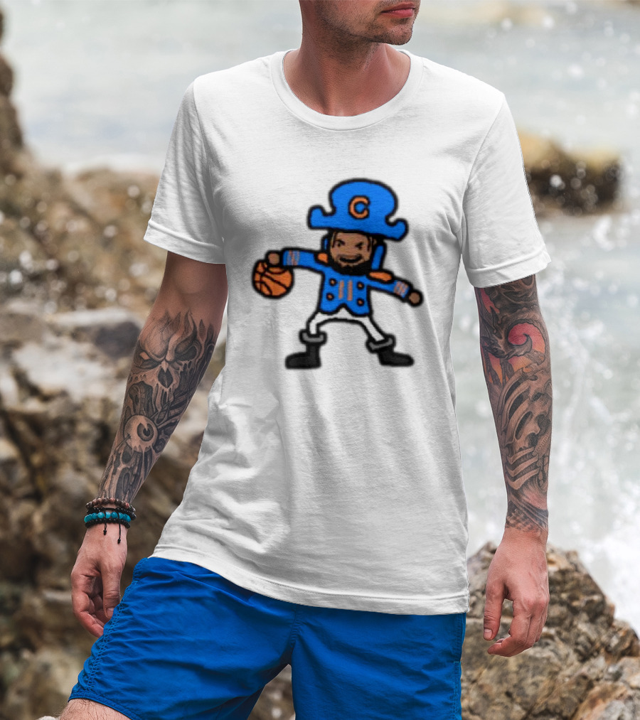 Captain Clutch Basketball Cartoon Character Blue Hat And Jacket T-Shirt