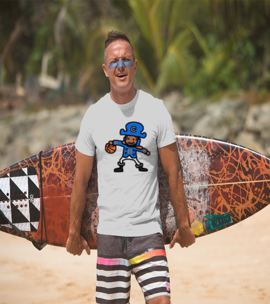 Captain Clutch Basketball Cartoon Character Blue Hat And Jacket T-Shirt