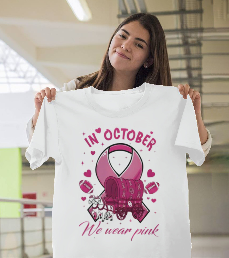 Oklahoma Sooners Pink Ribbon Wagon In October We Wear Pink T-Shirt