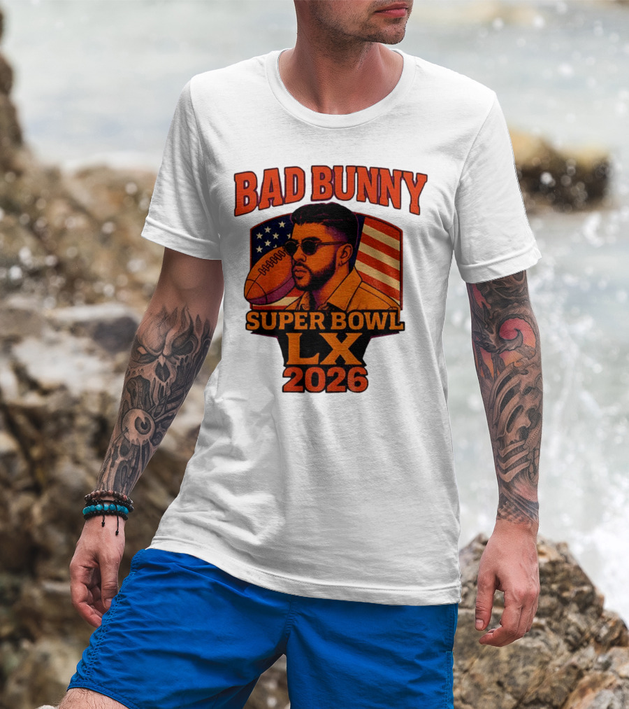 Bad Bunny Super Bowl LX 2026 American Flag Football Graphic T-Shirt