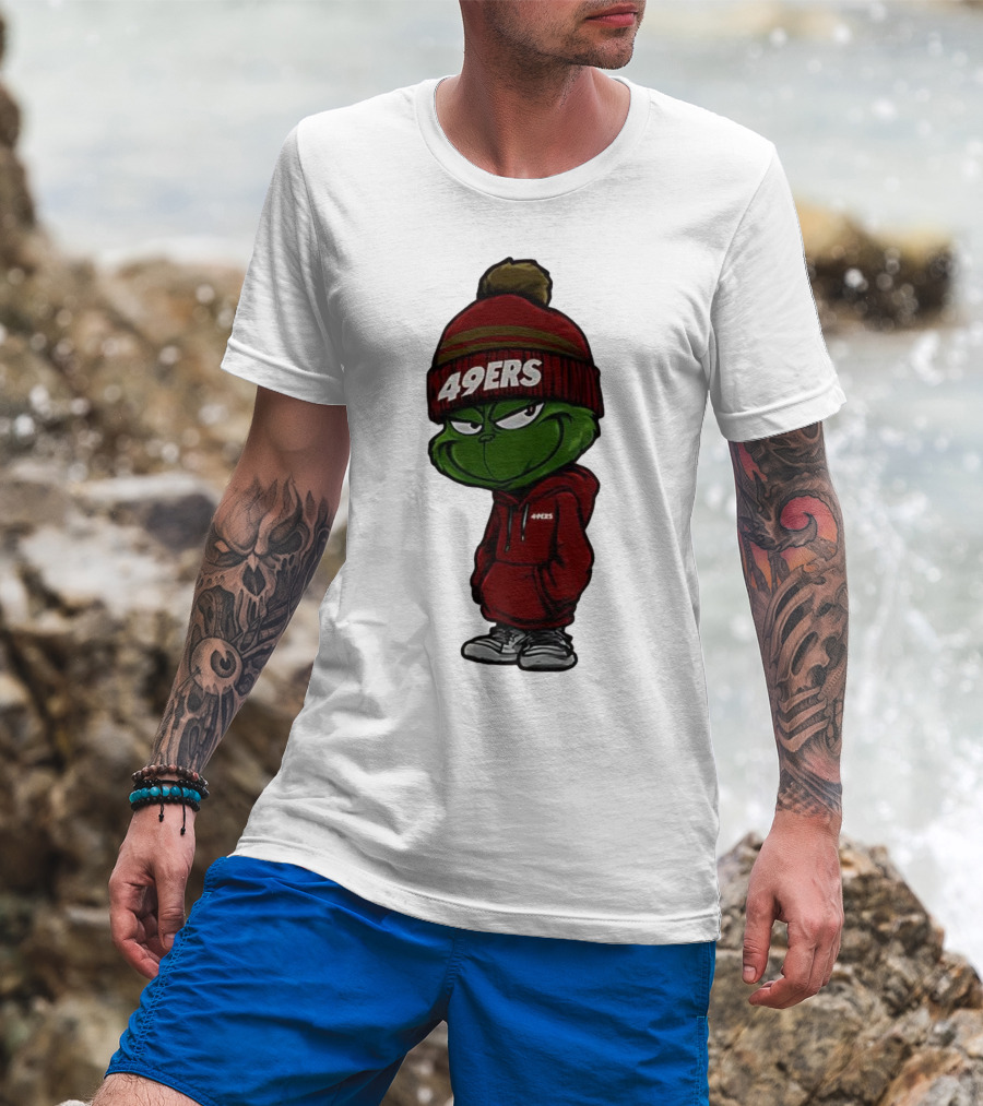 Grinch Wearing 49ers Beanie And San Francisco Football Crossover T-Shirt