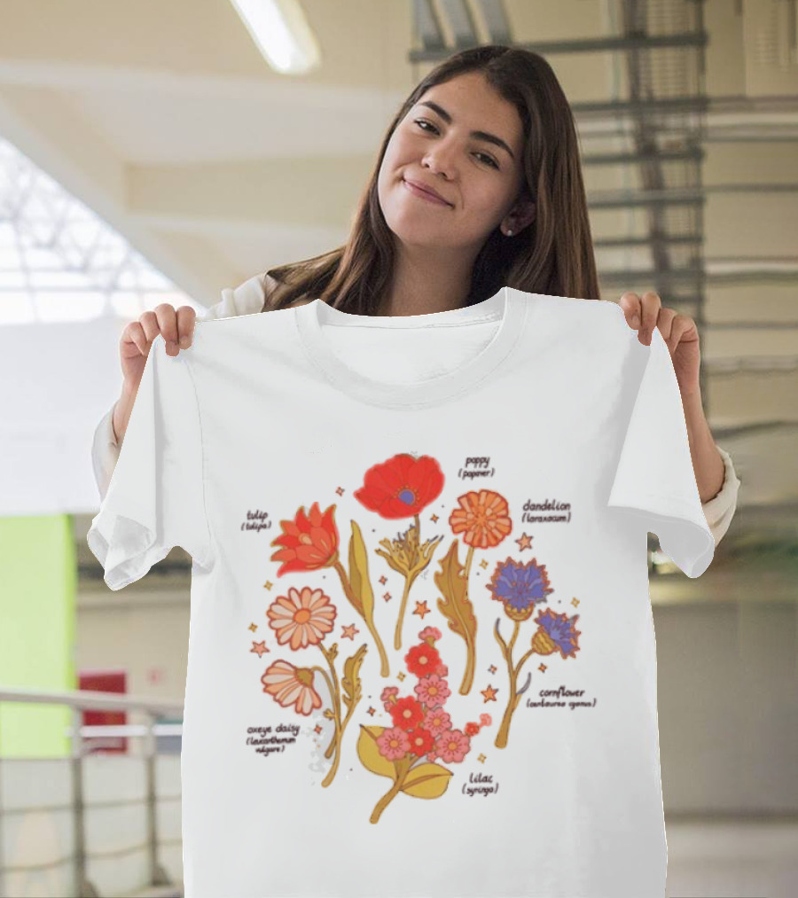 Botanical Revival Tulip Poppy Daisy Cosmos Lavender Floral Arrangement T-Shirt