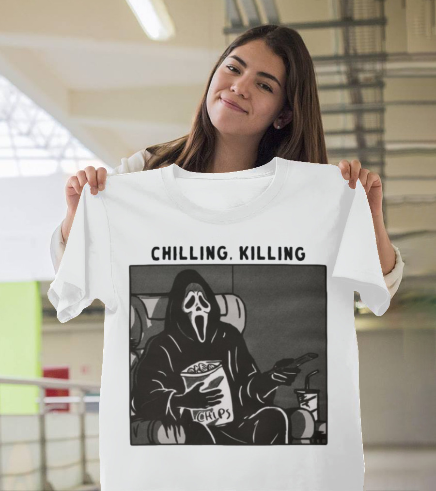 Ghost Face Chips Chilling Killing Movie Night Vibes T-Shirt