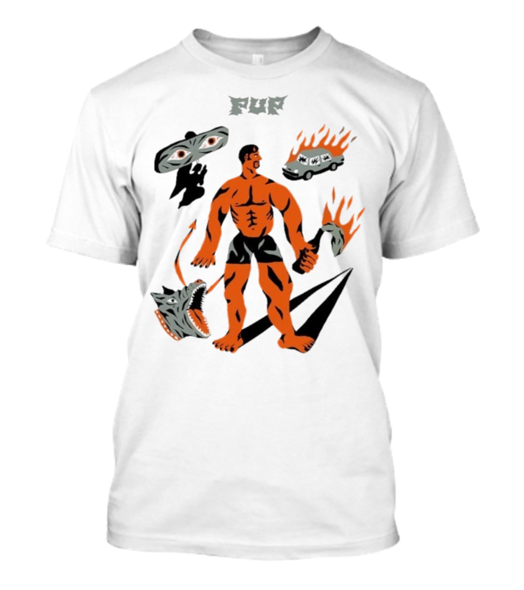 Pup Muscle Man Flaming Car And Wolf T-Shirt