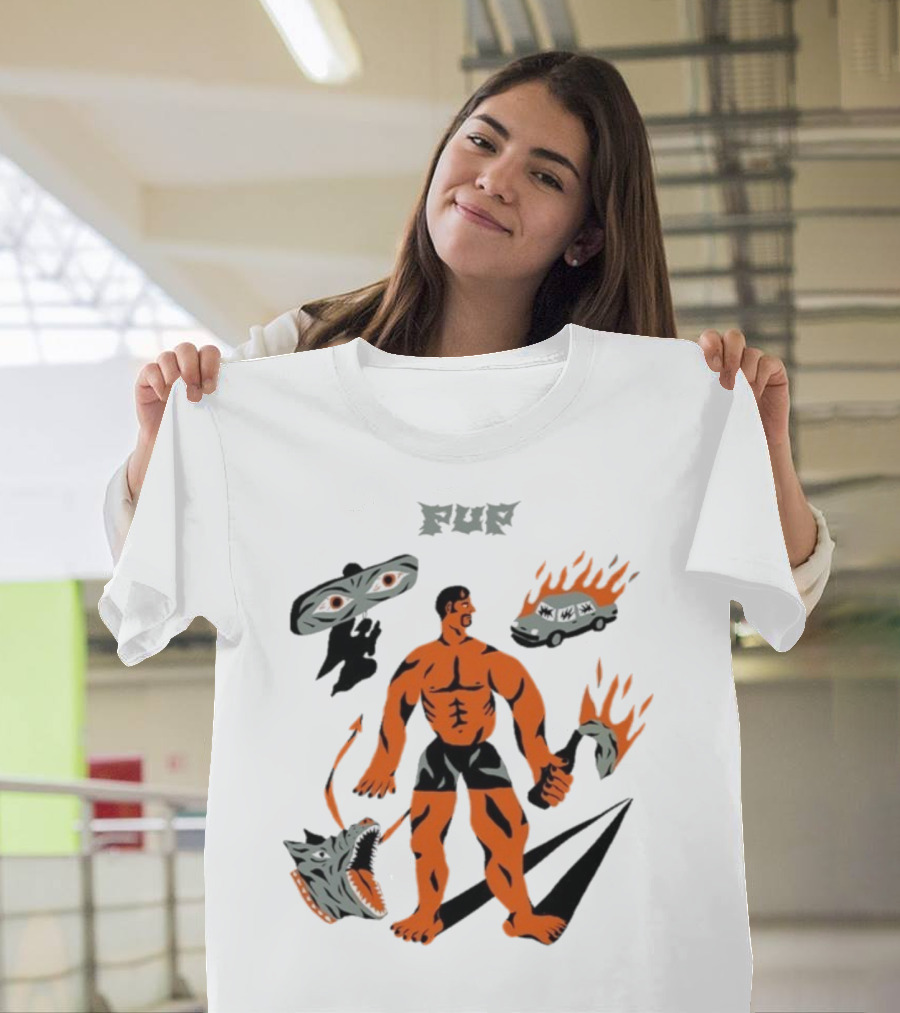 Pup Muscle Man Flaming Car And Wolf T-Shirt