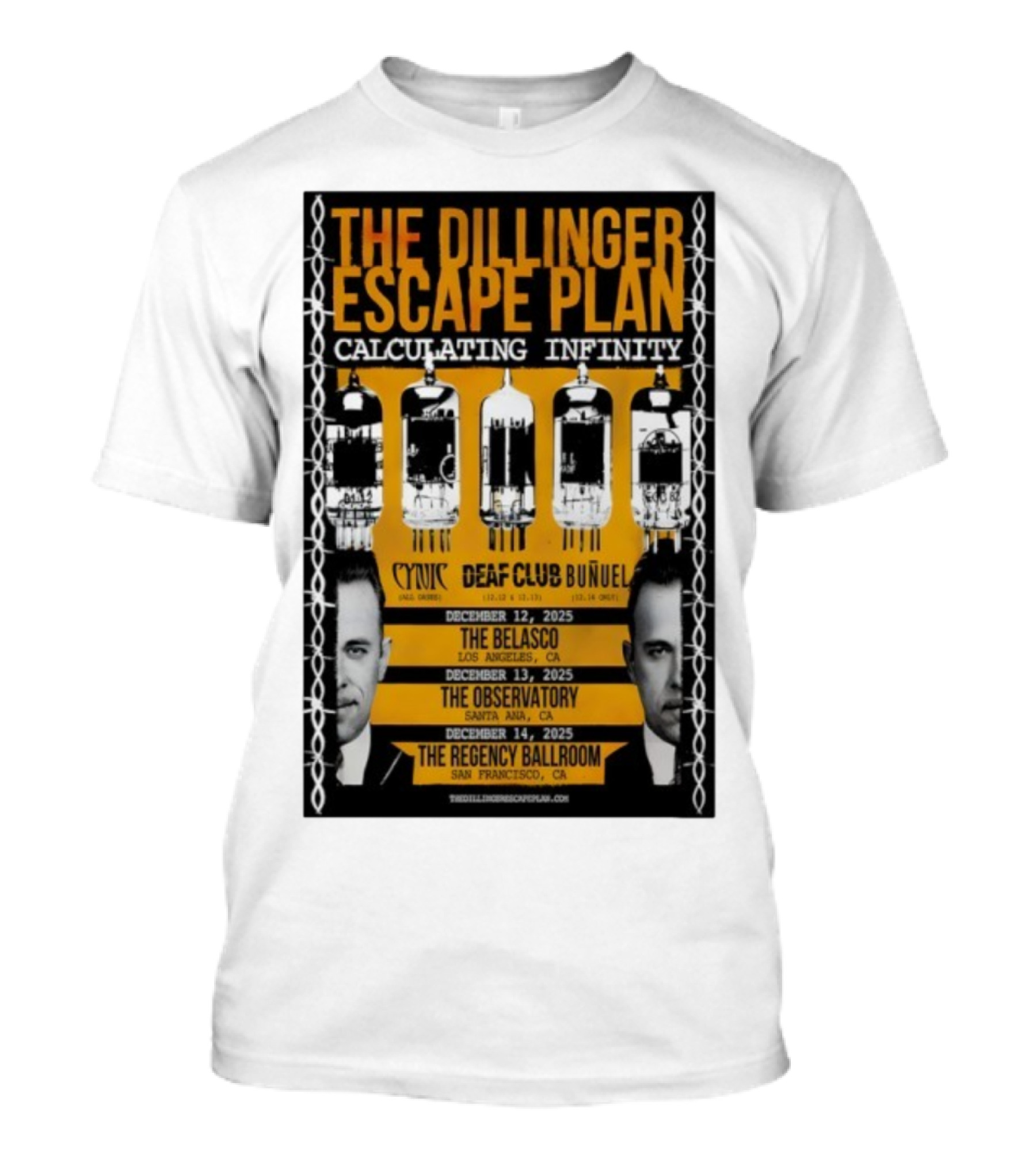 The Dillinger Escape Plan Calculating Infinity Tour December 12-14 2025 California Featuring Cynic Deaf Club Buñuel T-Shirt
