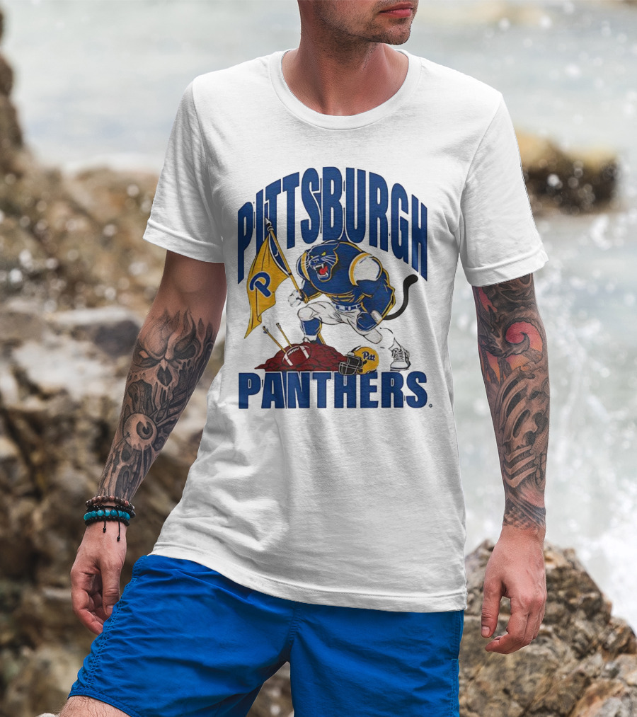 Pittsburgh Panthers Pitt Mascot Planting Flag Football Helmet T-Shirt