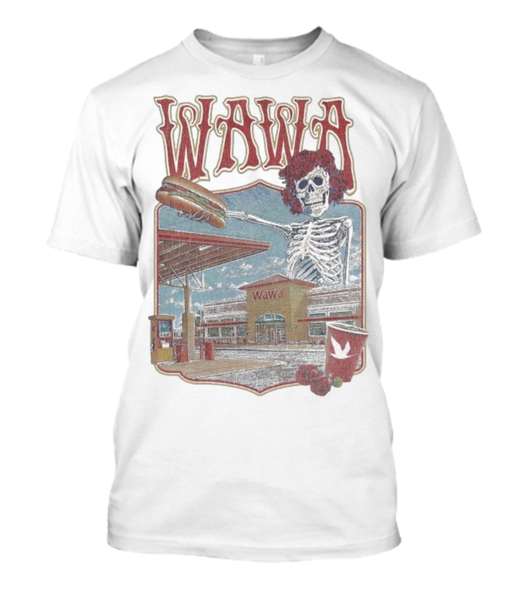 Wawa Grateful Dead Skeleton Holding Hoagie At Gas Station Scene T-Shirt